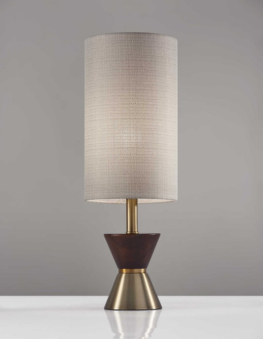 23" Brass Metal And Wood Table Lamp With Beige Drum Shade