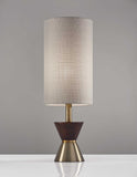 23" Brass Metal And Wood Table Lamp With Beige Drum Shade