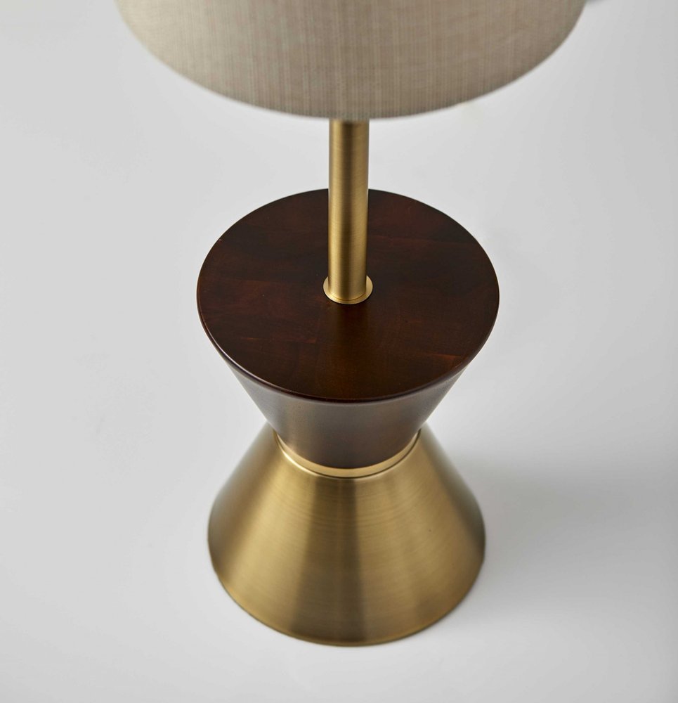 23" Brass Metal And Wood Table Lamp With Beige Drum Shade