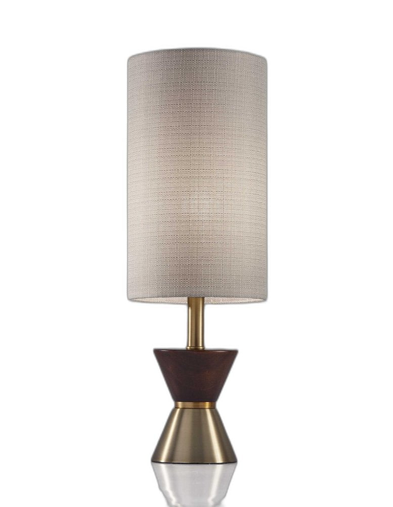 23" Brass Metal And Wood Table Lamp With Beige Drum Shade