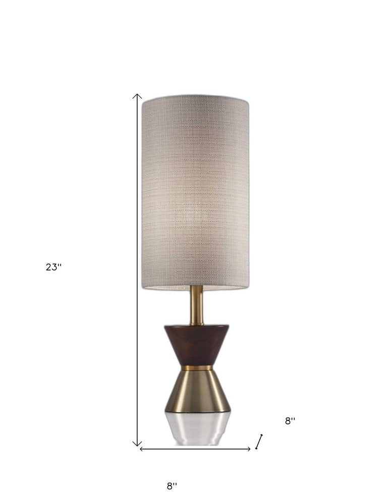 23" Brass Metal And Wood Table Lamp With Beige Drum Shade