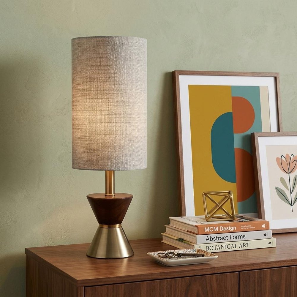 23" Brass Metal And Wood Table Lamp With Beige Drum Shade