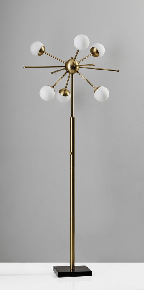64" Brass Six Light LED Novelty Floor Lamp With White Glass Globe Shades