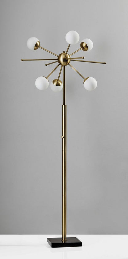 64" Brass Six Light LED Novelty Floor Lamp With White Glass Globe Shades