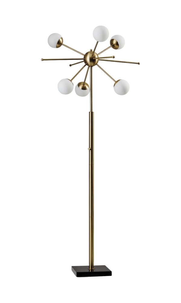 64" Brass Six Light LED Novelty Floor Lamp With White Glass Globe Shades