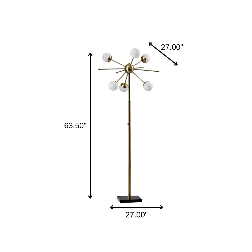 64" Brass Six Light LED Novelty Floor Lamp With White Glass Globe Shades