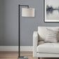 61" Grey And Black Arc Floor Lamp With White Fabric Drum Shade