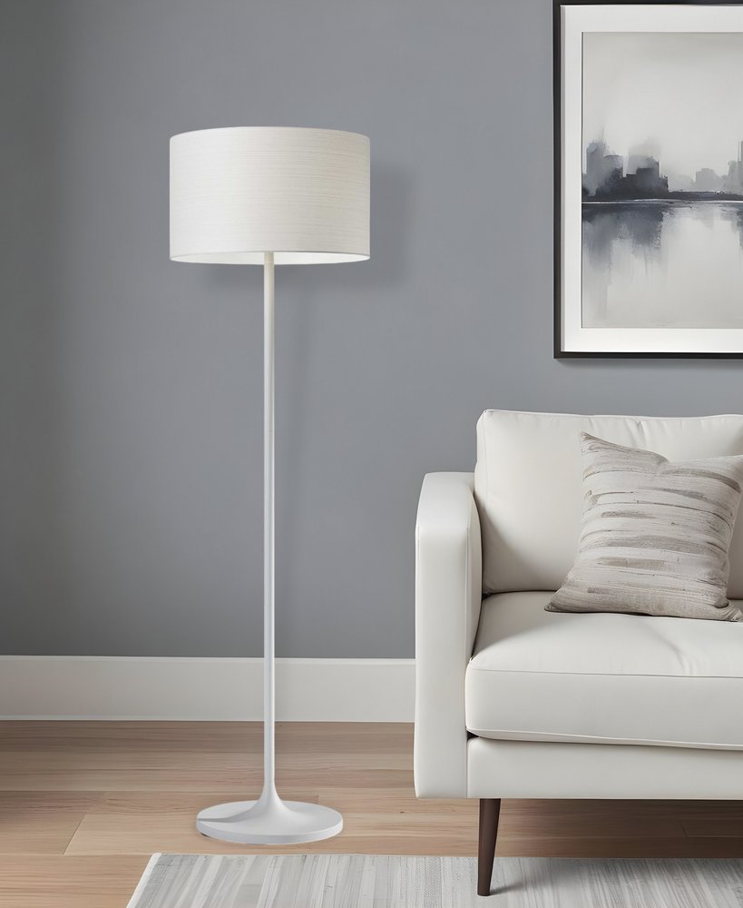 60" White Floor Lamp With White Fabric Drum Shade