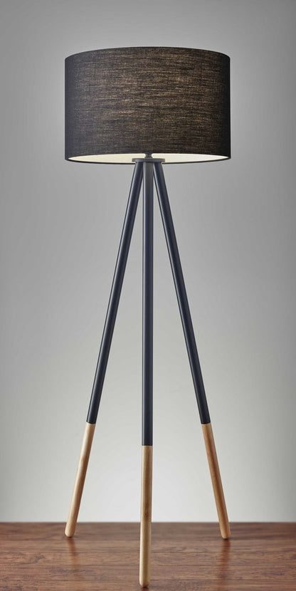 60" Black Tripod Floor Lamp With Black Fabric Drum Shade