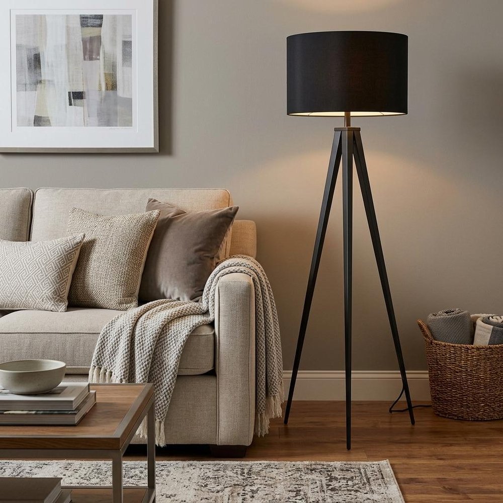 60" Brown And White Tripod Floor Lamp With White Linen Drum Shade