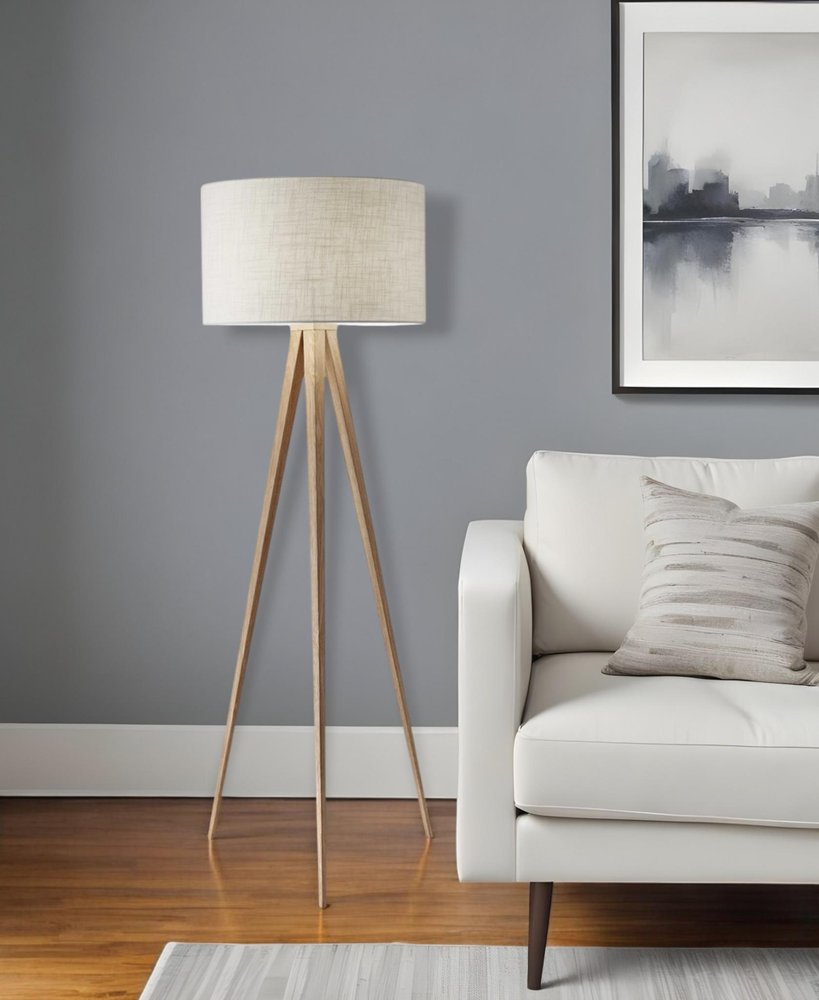 60" Brown And White Tripod Floor Lamp With White Linen Drum Shade
