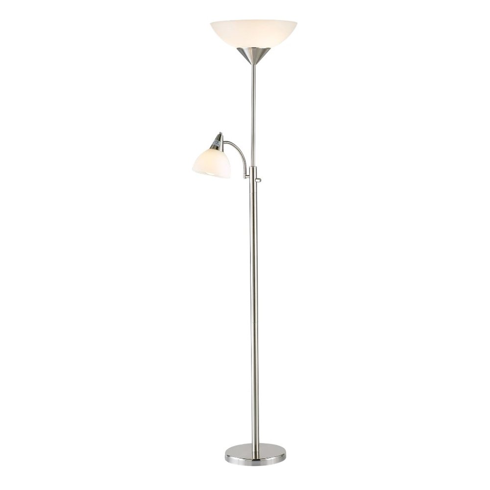 71" Two Light Torchiere Floor Lamp With White Acrylic Bowl Shades