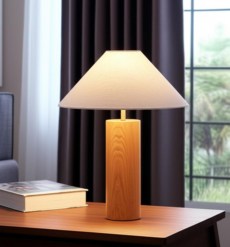26" Natural Solid Wood Cylinder Table Lamp With White Cone Shade