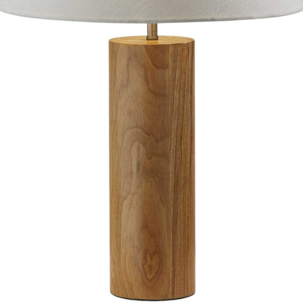 26" Natural Solid Wood Cylinder Table Lamp With White Cone Shade