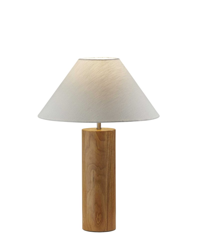 26" Natural Solid Wood Cylinder Table Lamp With White Cone Shade