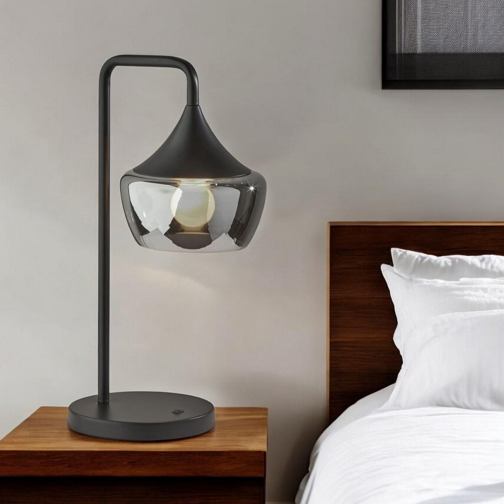 20" Black Metal Table Lamp With Black Metal And Smoked Glass Shade