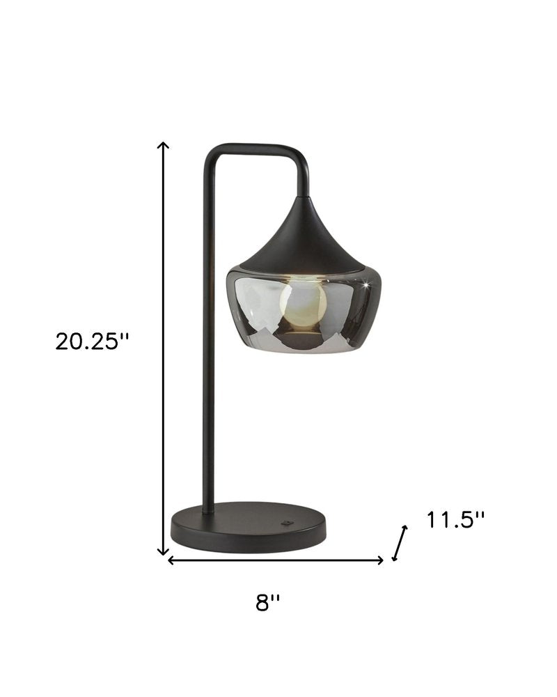 20" Black Metal Table Lamp With Black Metal And Smoked Glass Shade