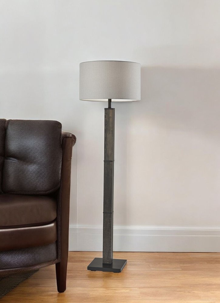 62" Black Wood And Metal Floor Lamp With Light Gray Fabric Drum Shade