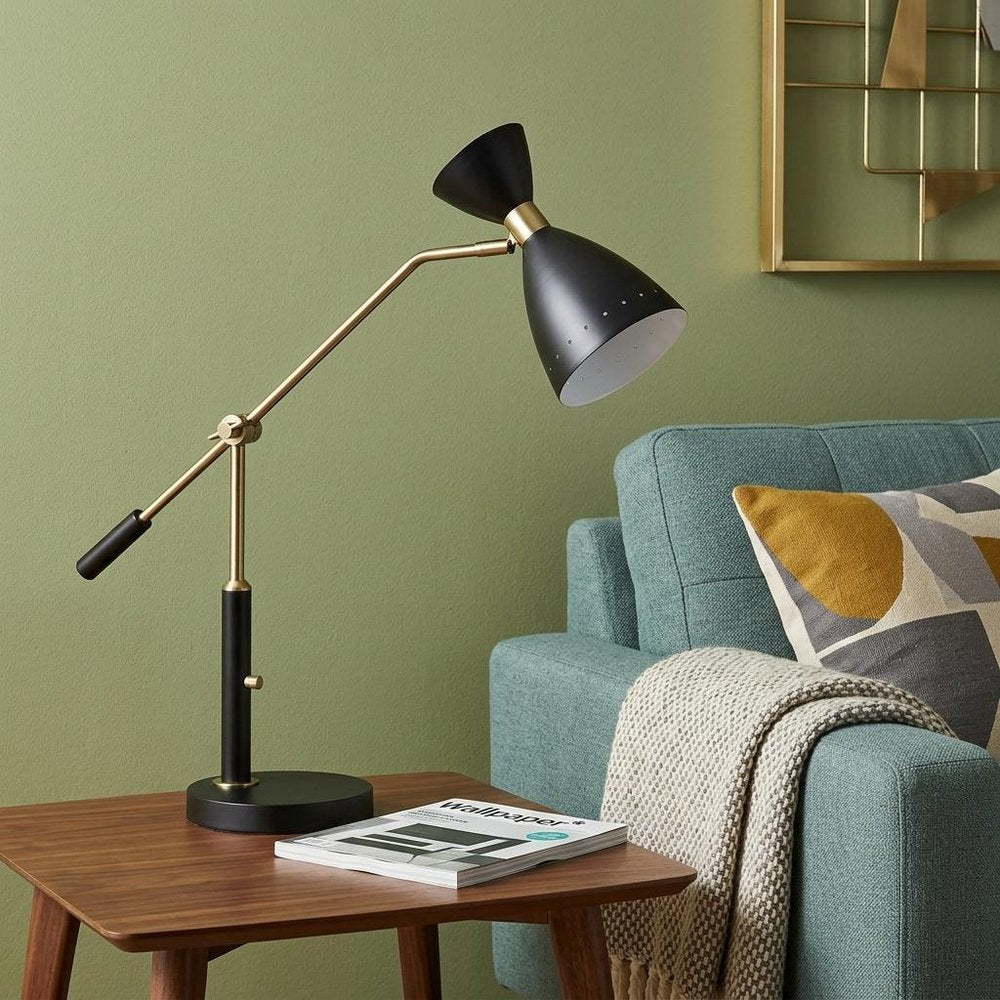 32" Black And Gold Metal Desk Lamp With Cinched Cone Shade
