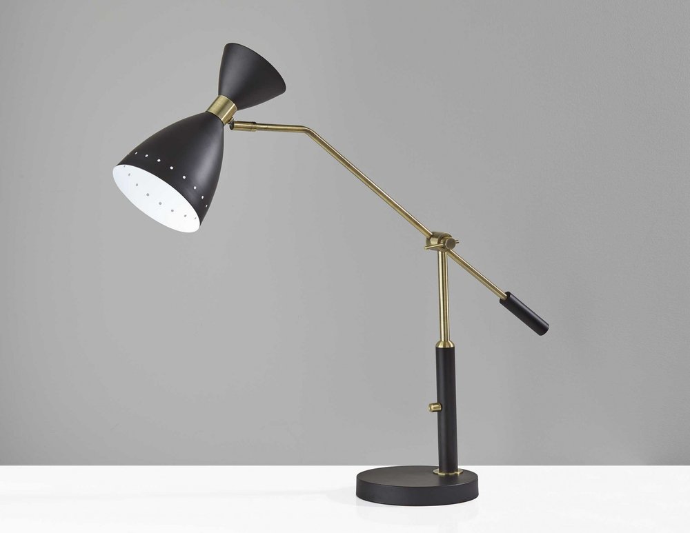32" Black And Gold Metal Desk Lamp With Cinched Cone Shade