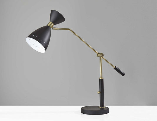 32" Black And Gold Metal Desk Lamp With Cinched Cone Shade