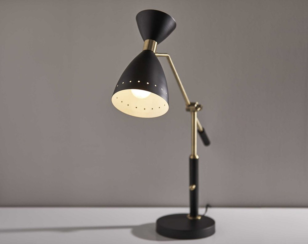 32" Black And Gold Metal Desk Lamp With Cinched Cone Shade