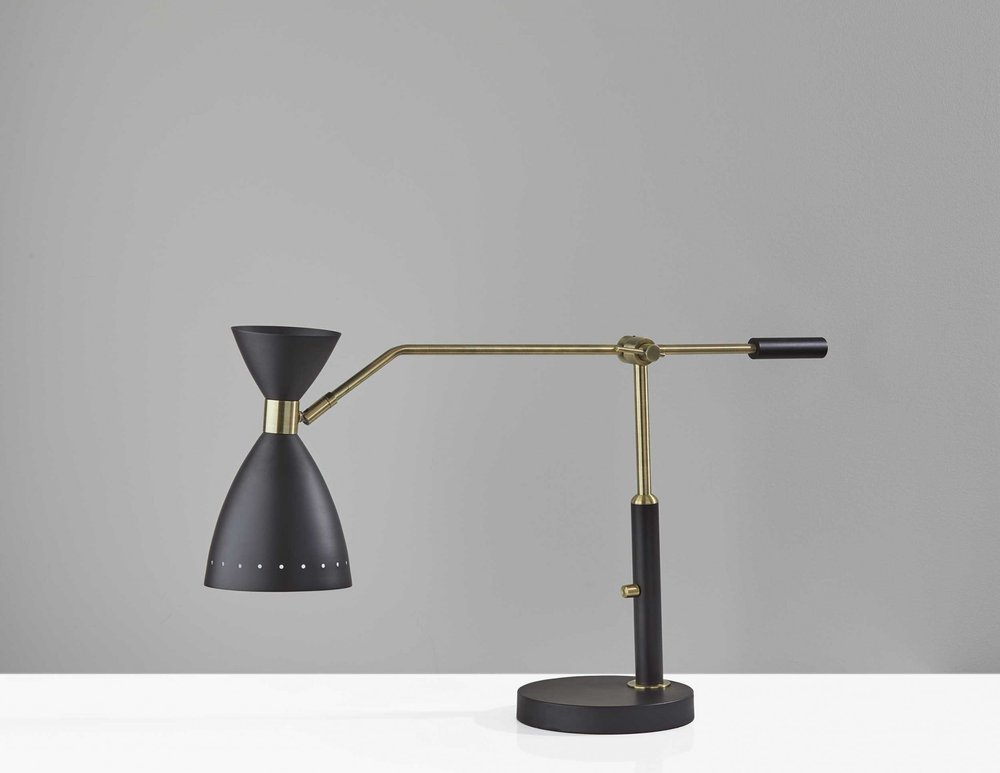 32" Black And Gold Metal Desk Lamp With Cinched Cone Shade