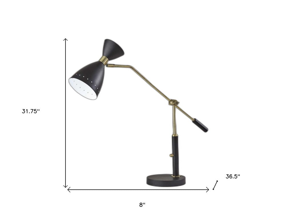 32" Black And Gold Metal Desk Lamp With Cinched Cone Shade