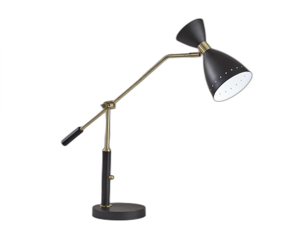 32" Black And Gold Metal Desk Lamp With Cinched Cone Shade