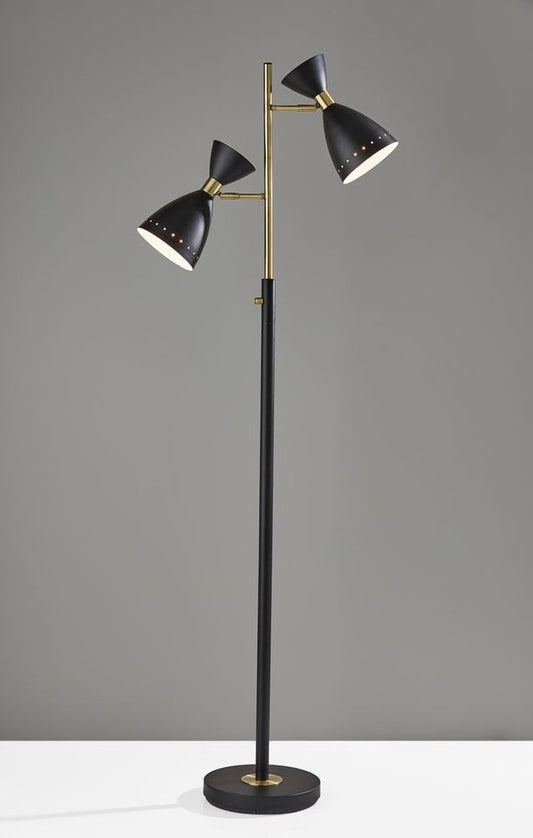 68" Black And Gold Metal Two Light Task Floor Lamp With Black Metal Cone Shade