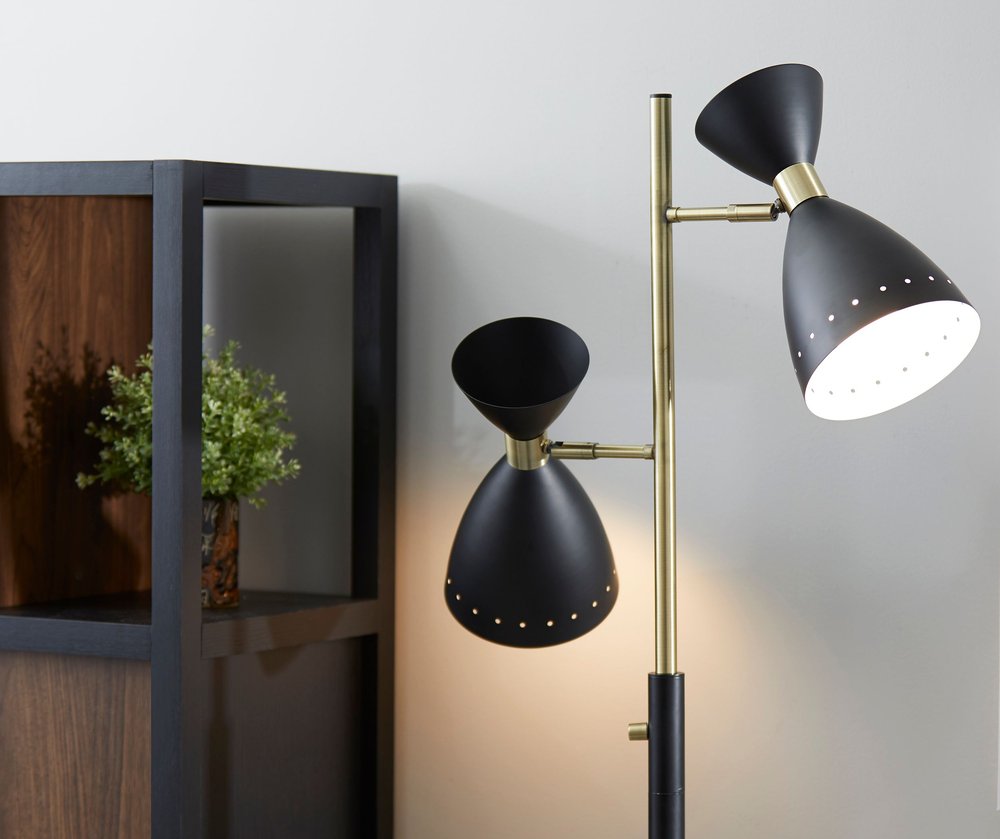 68" Black And Gold Metal Two Light Task Floor Lamp With Black Metal Cone Shade