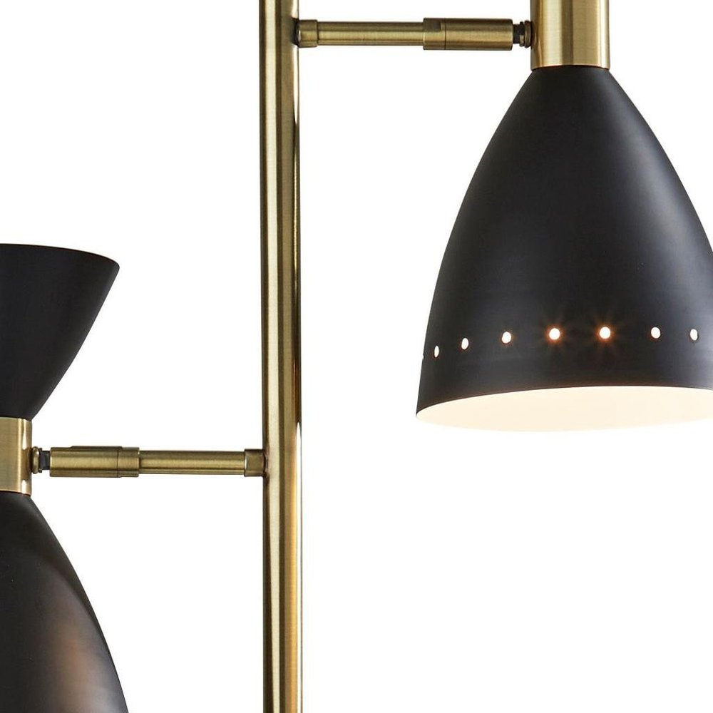 68" Black And Gold Metal Two Light Task Floor Lamp With Black Metal Cone Shade