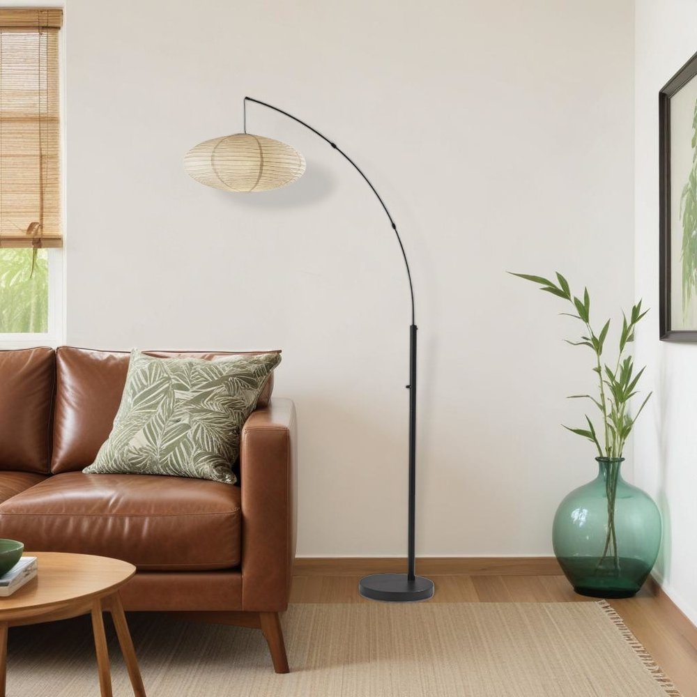 80" Beige And Black Arc Floor Lamp With Beige Paper Globe Shade