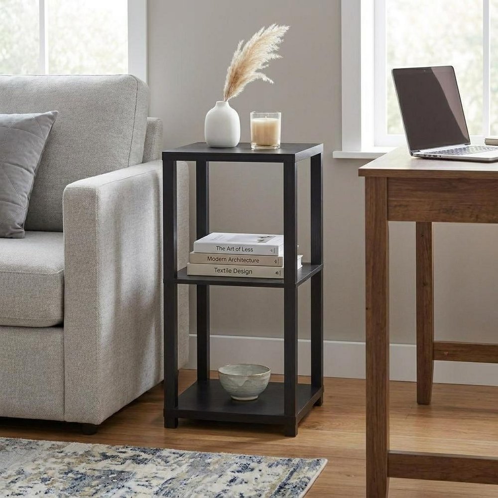 28" Black Square End Table With Two Shelves