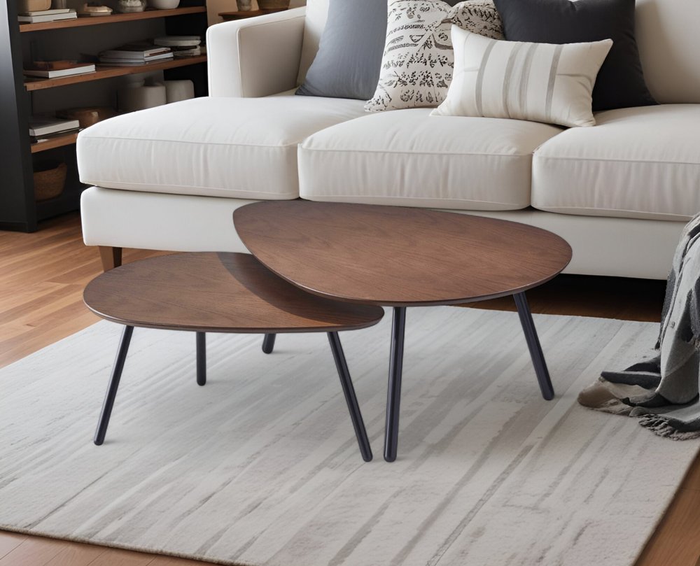 Set of Two Brown And Black Wood And Metal Oval Nested Tables