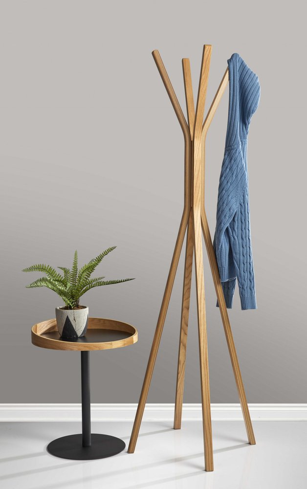 22" Black And Natural Wood And Metal Round Pedestal End Table