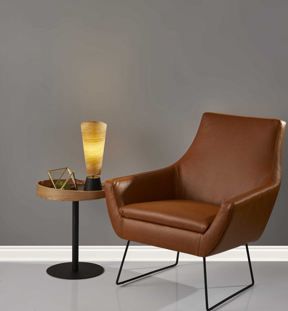 22" Black And Natural Wood And Metal Round Pedestal End Table