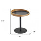 22" Black And Natural Wood And Metal Round Pedestal End Table