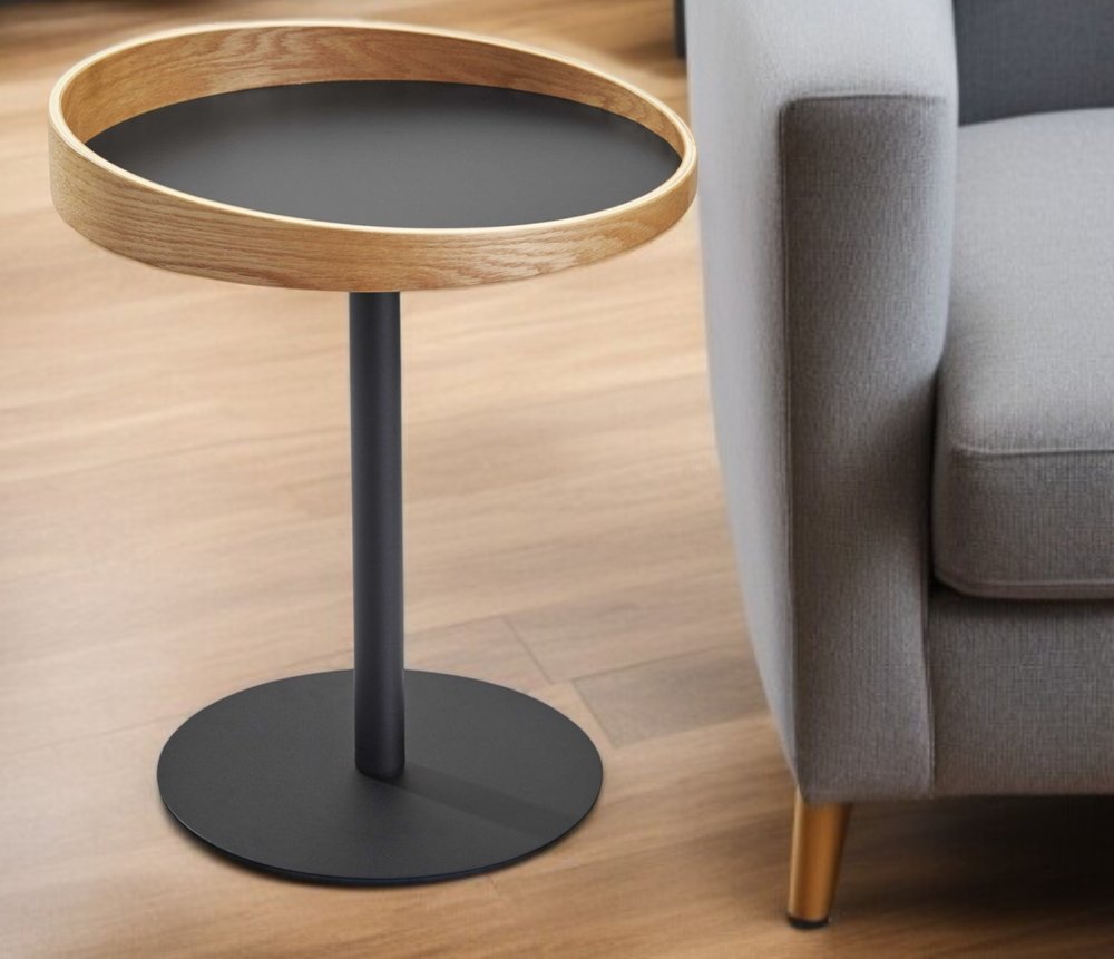 22" Black And Natural Wood And Metal Round Pedestal End Table