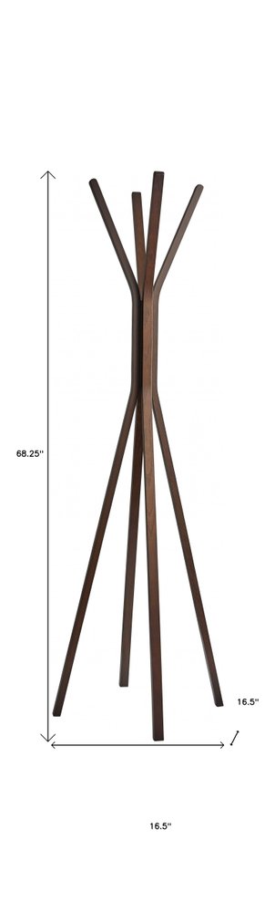 68" Brown Wood Four Hook Freestanding Coat Rack