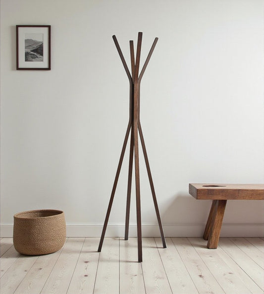 68" Brown Wood Four Hook Freestanding Coat Rack