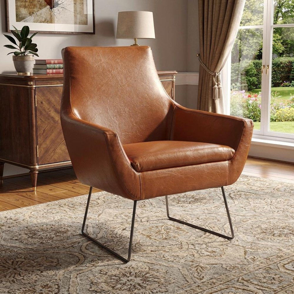 33" Brown and Black Faux Leather Distressed Arm Chair