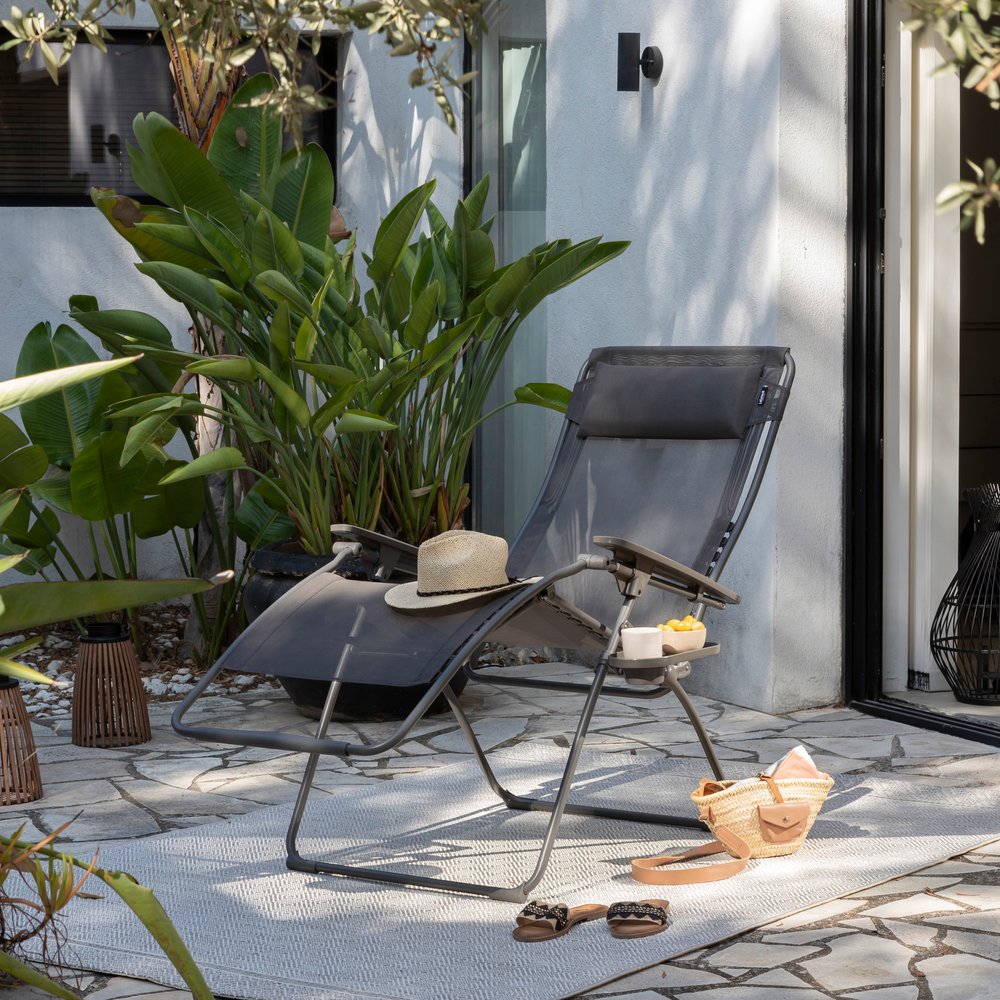 30" Light Gray and Chrome Steel Outdoor Zero Gravity Chair with Light Gray Cushion