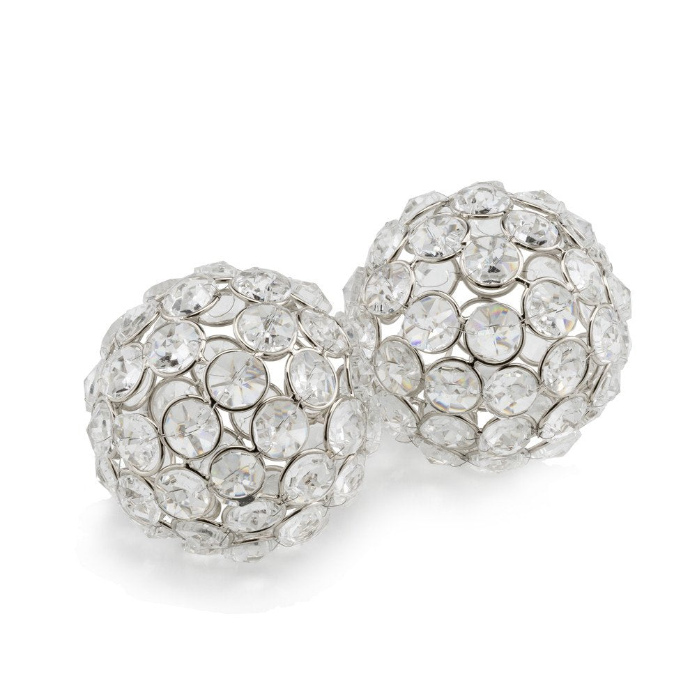 Set of Two Silver And Clear Faux Crystal And Metal Orb Decorative Tabletop Sculptures