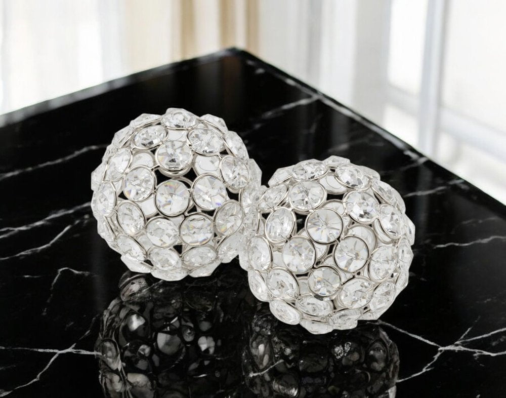 Set of Two Silver And Clear Faux Crystal And Metal Orb Decorative Tabletop Sculptures