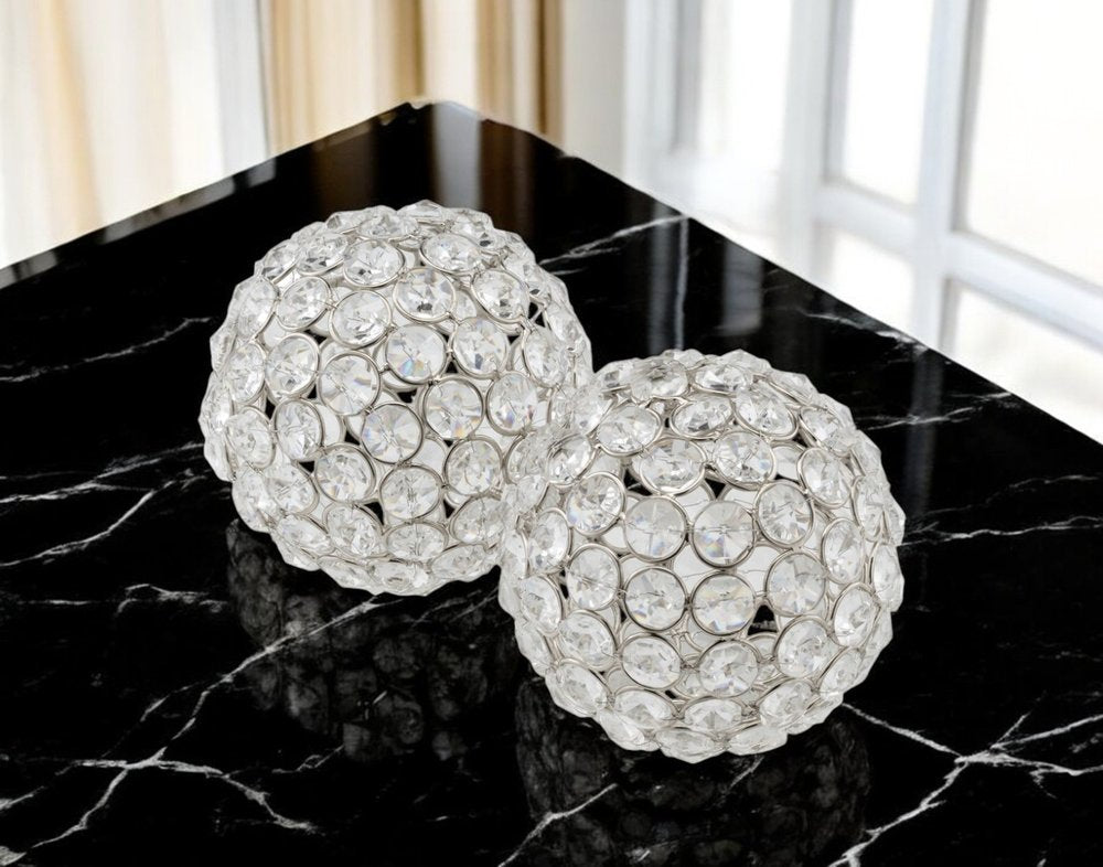 Set of Two Silver And Clear Faux Crystal And Metal Orb Decorative Tabletop Sculptures