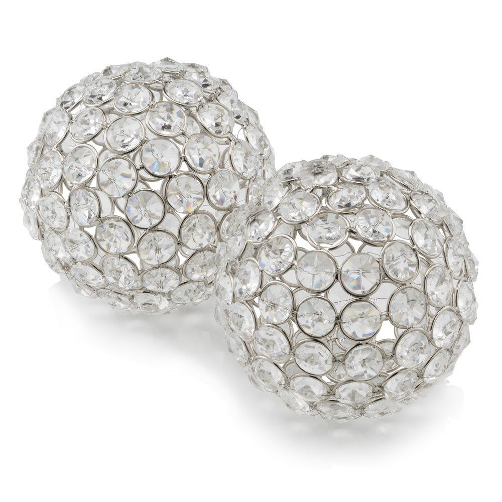 Set of Two Silver And Clear Faux Crystal And Metal Orb Decorative Tabletop Sculptures