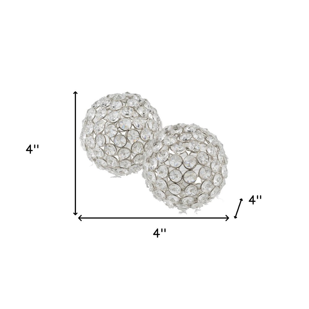 Set of Two Silver And Clear Faux Crystal And Metal Orb Decorative Tabletop Sculptures