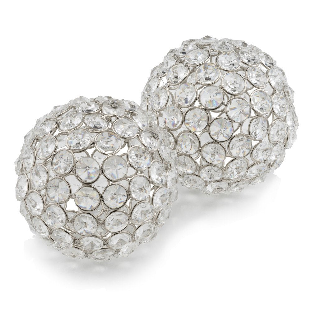 Set of Two Silver And Clear Faux Crystal And Metal Orb Decorative Tabletop Sculptures