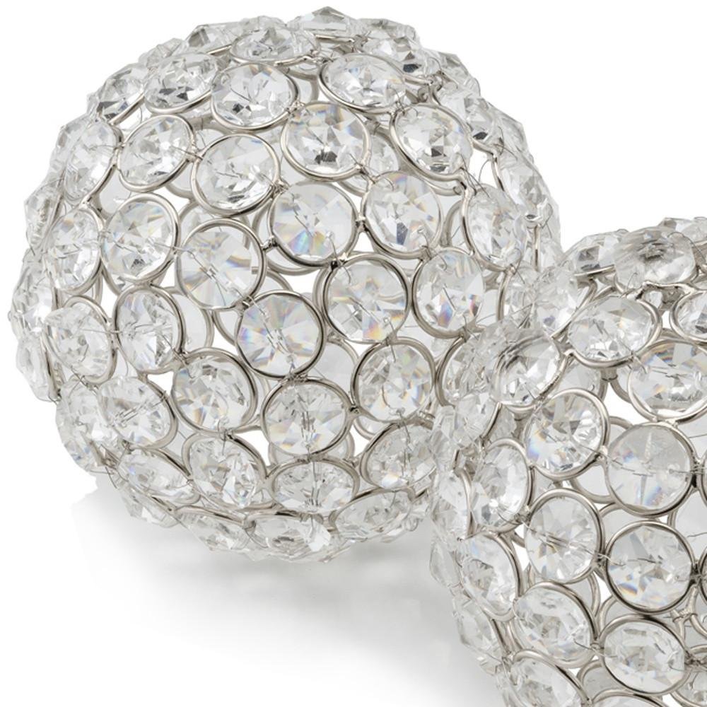 Set of Two Silver And Clear Faux Crystal And Metal Orb Decorative Tabletop Sculptures